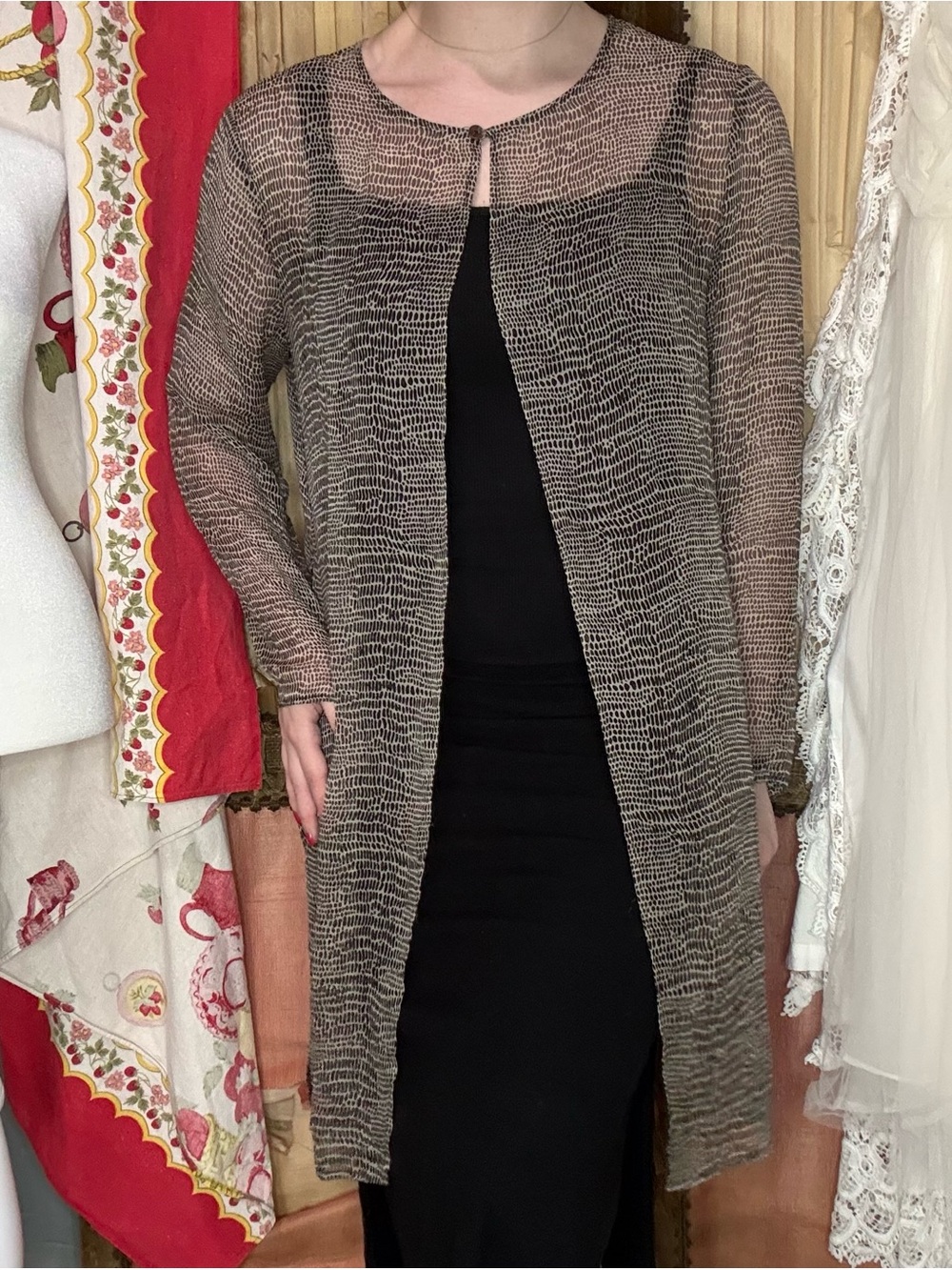 Vintage 90’s Silk Robbie Bee Sheer Longline Open Cardigan in Brown and Black